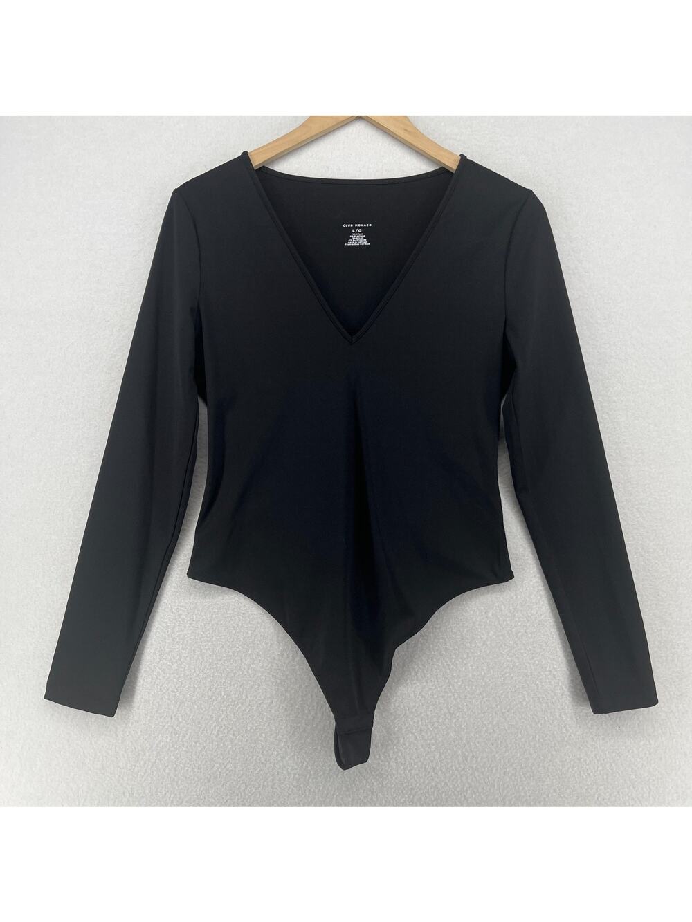 CLUB MONACO Bodysuit L Long Sleeve V-Neck Tricot One Piece Stretch Black NEW